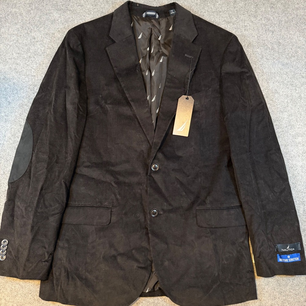 Nautica Bard Mens Black Corduroy Blazer Elbow Patches Active Stretch 38R NAF481 - Picture 2 of 13